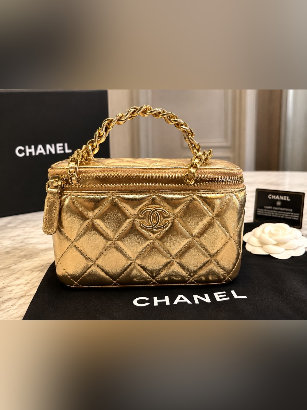 Source Unknown Metallic Gold Quilted Mini Vanity Bag with Chain Handle